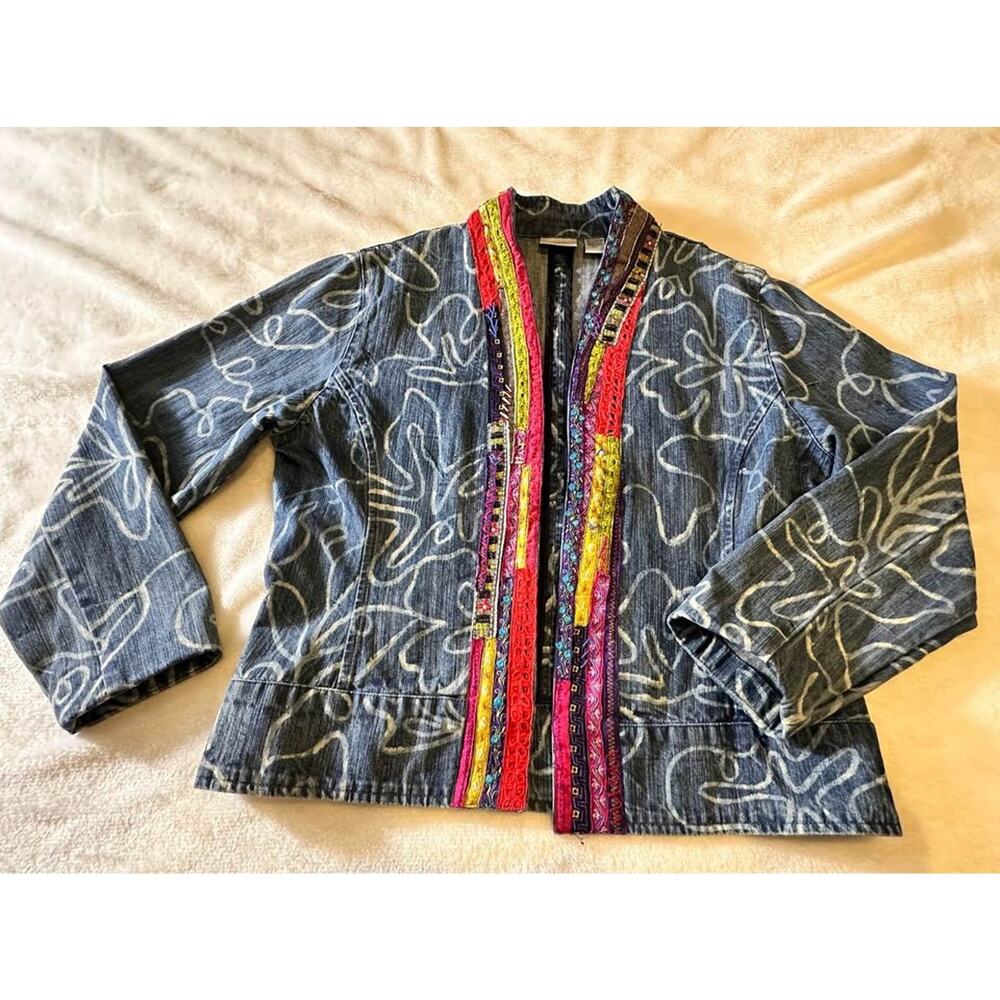 Vintage Chicos‎ Denim Jacket Floral Boho Art Unique Southwestern Size 1 Boho y2k